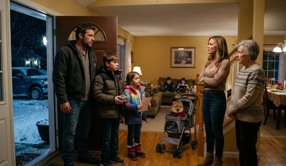 A father protects his two children during a tense family birthday dinner as their aunt insists they wait outside in the freezing cold.