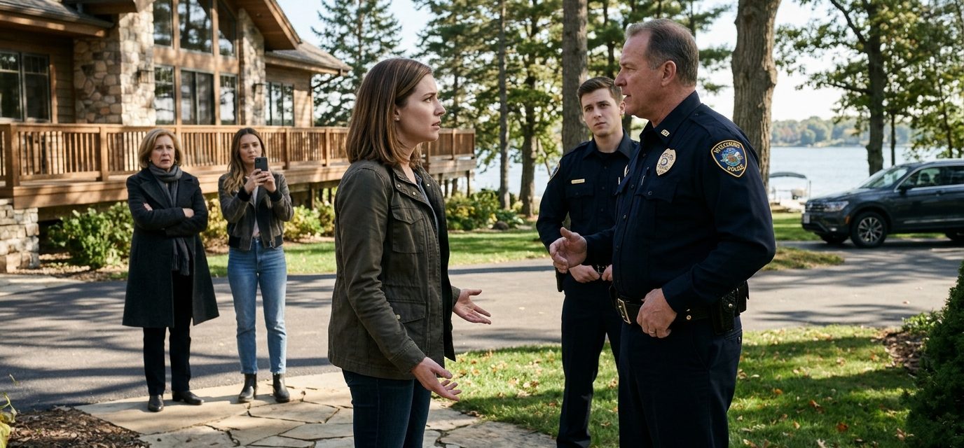 Sloan Hendricks confronts a police officer outside her lakefront home while her mother and sister watch behind him.