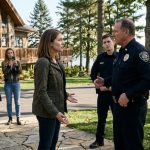 Sloan Hendricks confronts a police officer outside her lakefront home while her mother and sister watch behind him.