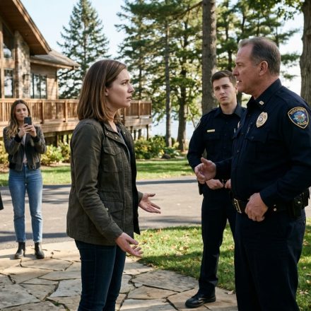 Sloan Hendricks confronts a police officer outside her lakefront home while her mother and sister watch behind him.