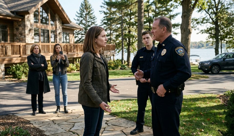 Sloan Hendricks confronts a police officer outside her lakefront home while her mother and sister watch behind him.
