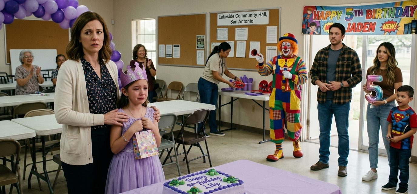 A heartbroken eight-year-old girl in a lavender dress watches her uncle and a clown take over her birthday celebration at a community hall.