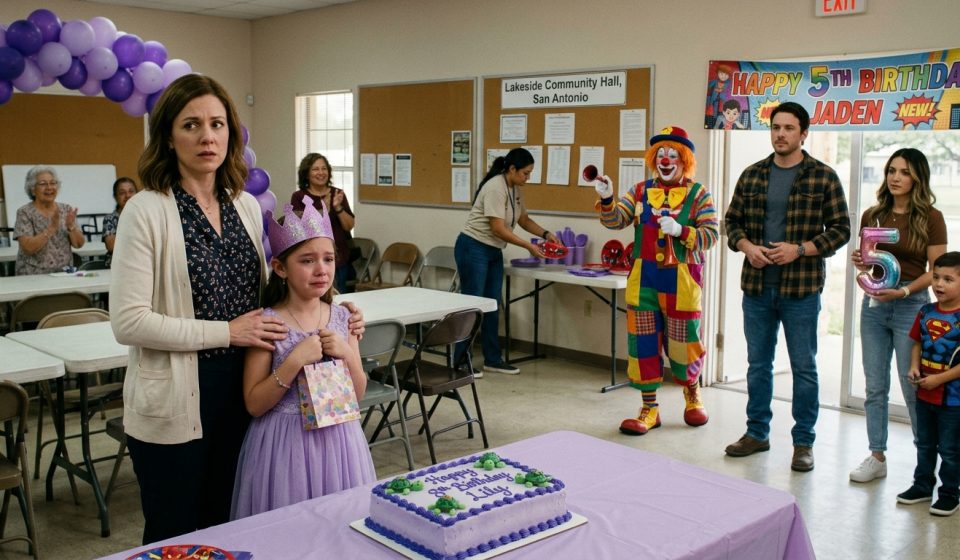 A heartbroken eight-year-old girl in a lavender dress watches her uncle and a clown take over her birthday celebration at a community hall.