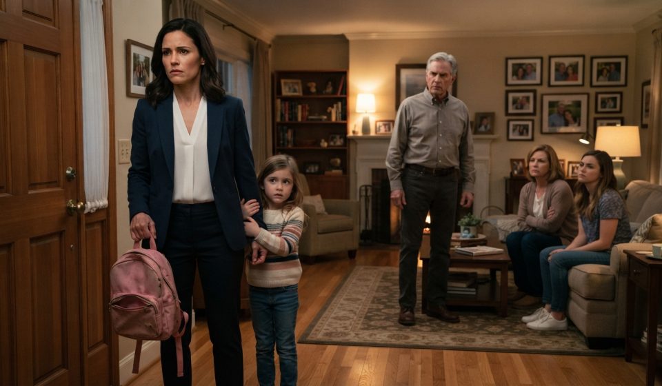Linda holding Ava's pink backpack as her father tells her to choose between the family and the five-year-old girl.
