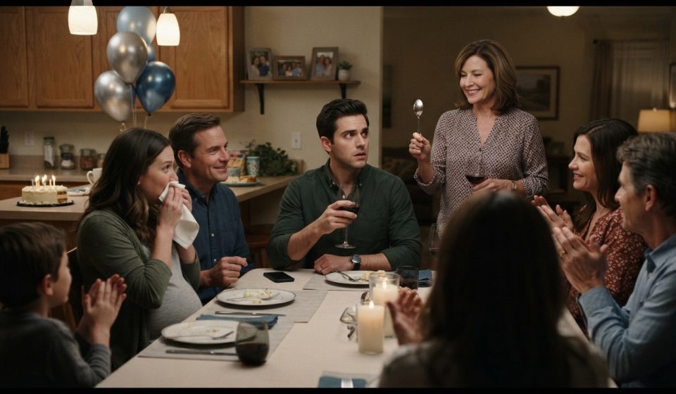 Evan surrounded by relatives as his birthday party turns into an ambush over the home he worked years to buy.