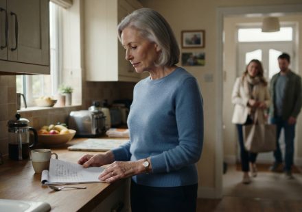Nina standing in her kitchen after her daughter tells her to have dinner ready for six before leaving the house.