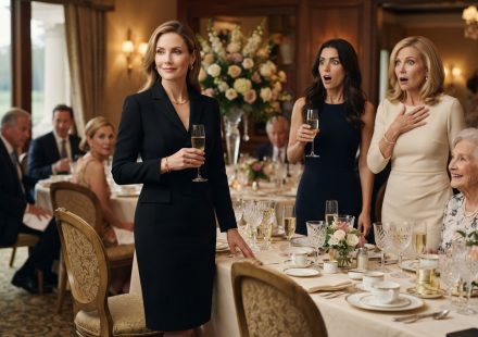 Patricia standing calmly at her grandmother's birthday as her shocked family suddenly turns their attention toward her.