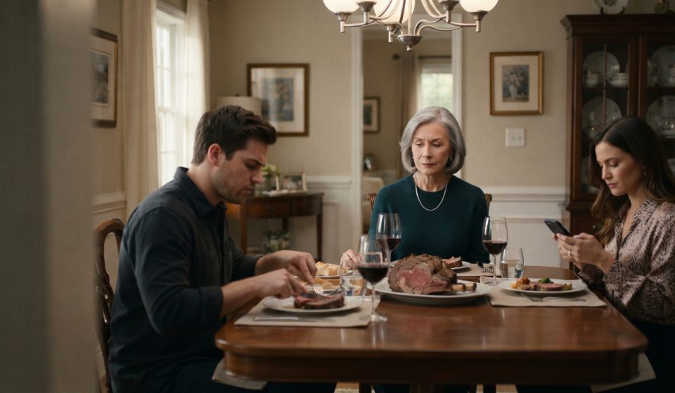 A 65-year-old mother sitting at Sunday dinner as her son tells her to be quiet and live like other seniors
