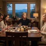A composed homeowner confronting her son's mother-in-law during a tense family dinner inside her spacious home.