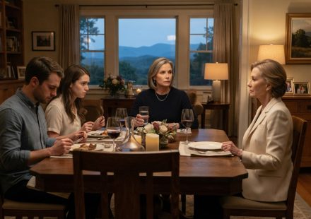A composed homeowner confronting her son's mother-in-law during a tense family dinner inside her spacious home.