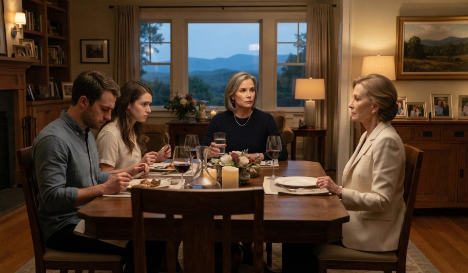 A composed homeowner confronting her son's mother-in-law during a tense family dinner inside her spacious home.