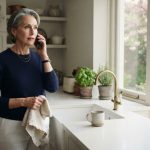 Vivian standing quietly in her kitchen during the phone call that left her excluded from the Alps vacation.