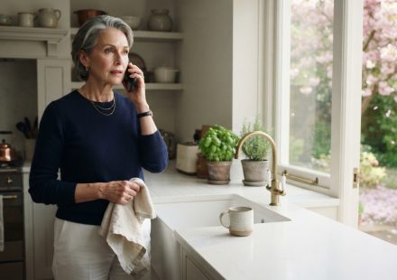 Vivian standing quietly in her kitchen during the phone call that left her excluded from the Alps vacation.