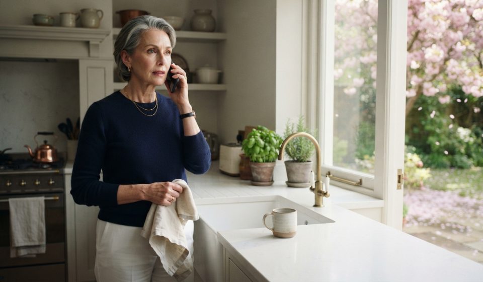 Vivian standing quietly in her kitchen during the phone call that left her excluded from the Alps vacation.