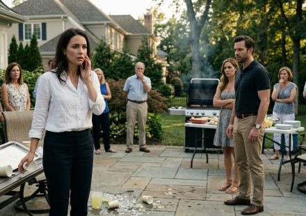 Elizabeth standing stunned at a family barbecue moments after her brother-in-law slapped her in front of their relatives.