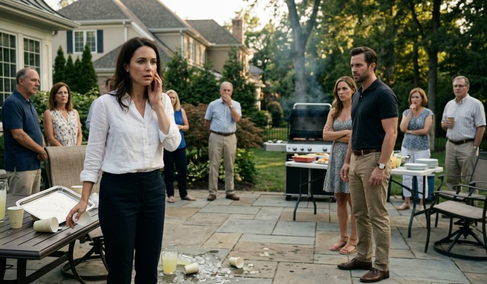Elizabeth standing stunned at a family barbecue moments after her brother-in-law slapped her in front of their relatives.