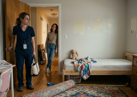 An exhausted nurse standing inside her dismantled child's bedroom after discovering her 7-year-old daughter was missing.