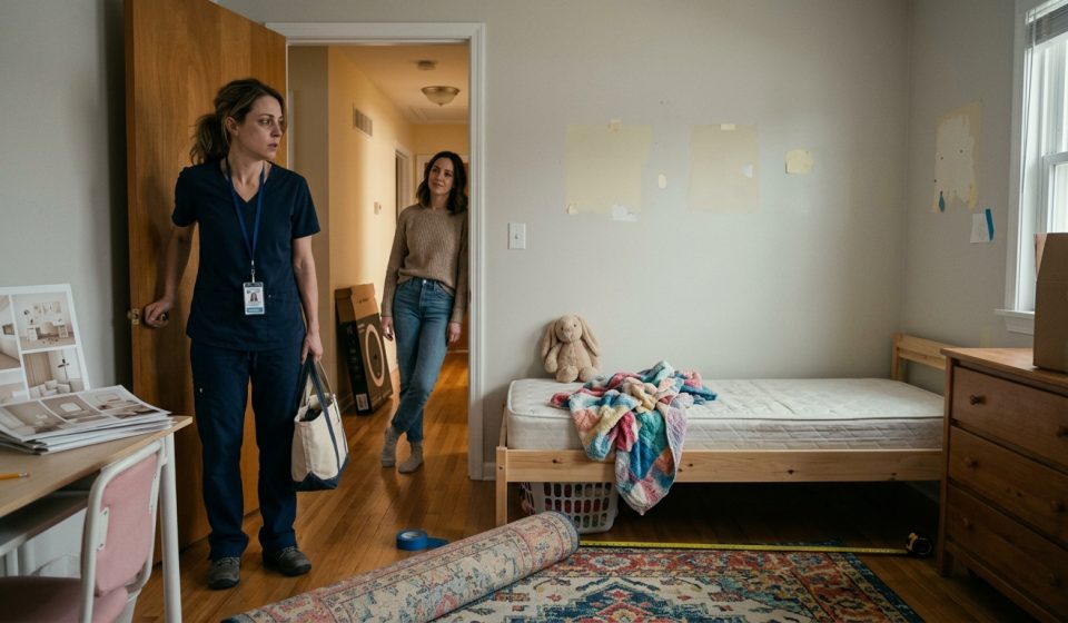 An exhausted nurse standing inside her dismantled child's bedroom after discovering her 7-year-old daughter was missing.