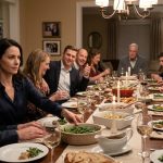 A quiet Navy woman sits beside her husband while a confident lieutenant cousin commands attention and jokes during a large family dinner.