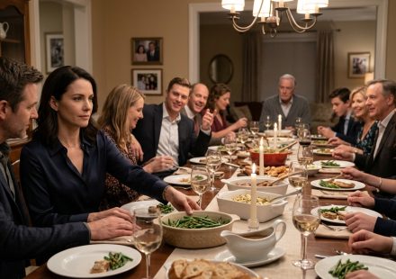 A quiet Navy woman sits beside her husband while a confident lieutenant cousin commands attention and jokes during a large family dinner.