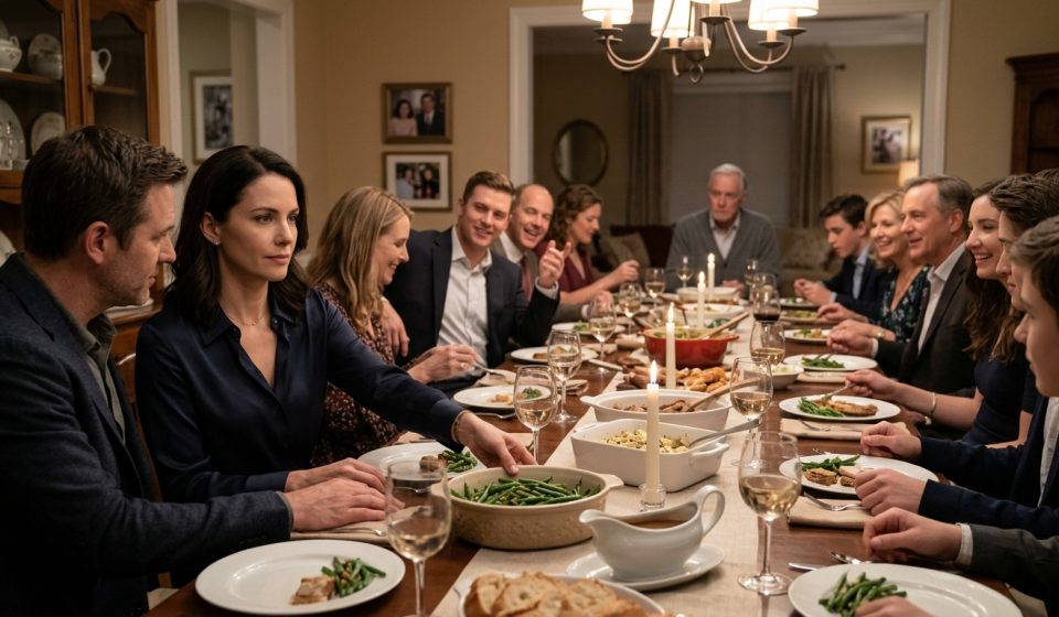 A quiet Navy woman sits beside her husband while a confident lieutenant cousin commands attention and jokes during a large family dinner.