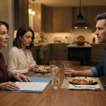 A shocked man sits across from his fiancée and her mother as they present property documents during a tense dinner in his Nashville home.