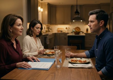 A shocked man sits across from his fiancée and her mother as they present property documents during a tense dinner in his Nashville home.