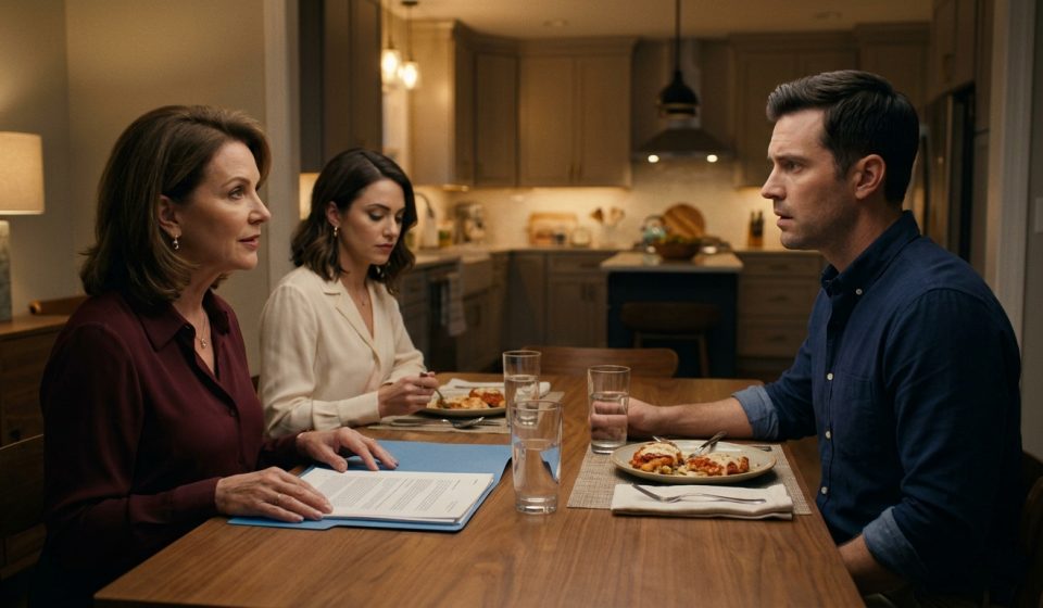 A shocked man sits across from his fiancée and her mother as they present property documents during a tense dinner in his Nashville home.