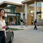 Jenny stands shocked beside her car as movers carry furniture into her modern glass-walled mansion after she secretly bought a $1 million house.