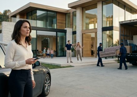 Jenny stands shocked beside her car as movers carry furniture into her modern glass-walled mansion after she secretly bought a $1 million house.