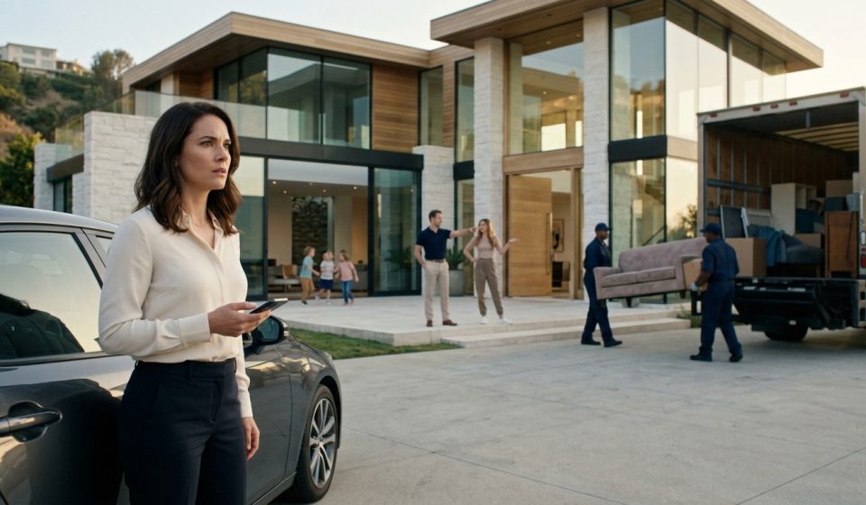 Jenny stands shocked beside her car as movers carry furniture into her modern glass-walled mansion after she secretly bought a $1 million house.