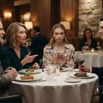 Family discussing the sister moving into her brother's apartment during dinner at an upscale restaurant