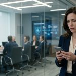 A successful technology professional stands in a corporate office hallway, staring at her phone in disbelief after receiving a hurtful message from her family.