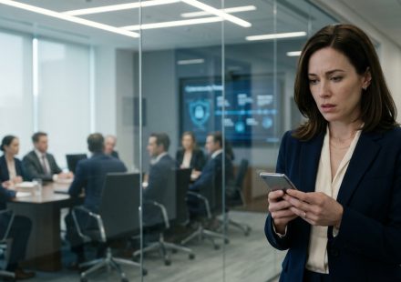 A successful technology professional stands in a corporate office hallway, staring at her phone in disbelief after receiving a hurtful message from her family.
