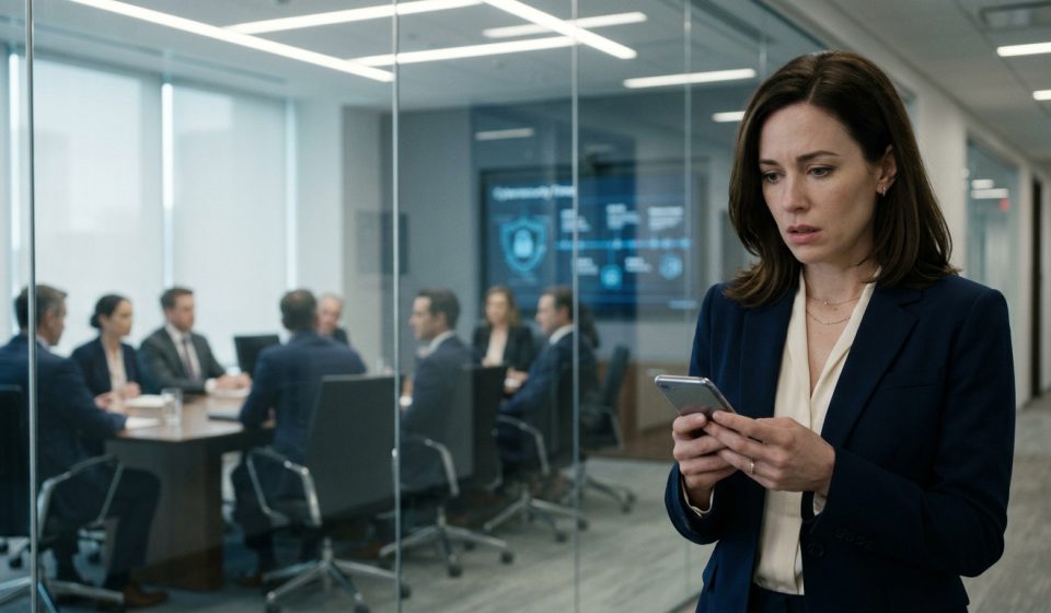 A successful technology professional stands in a corporate office hallway, staring at her phone in disbelief after receiving a hurtful message from her family.