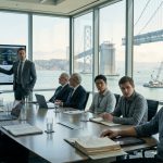 A 48-year-old structural engineer sitting with bridge design reports while a younger CEO criticizes his work during a corporate engineering meeting.