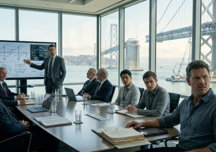 A 48-year-old structural engineer sitting with bridge design reports while a younger CEO criticizes his work during a corporate engineering meeting.