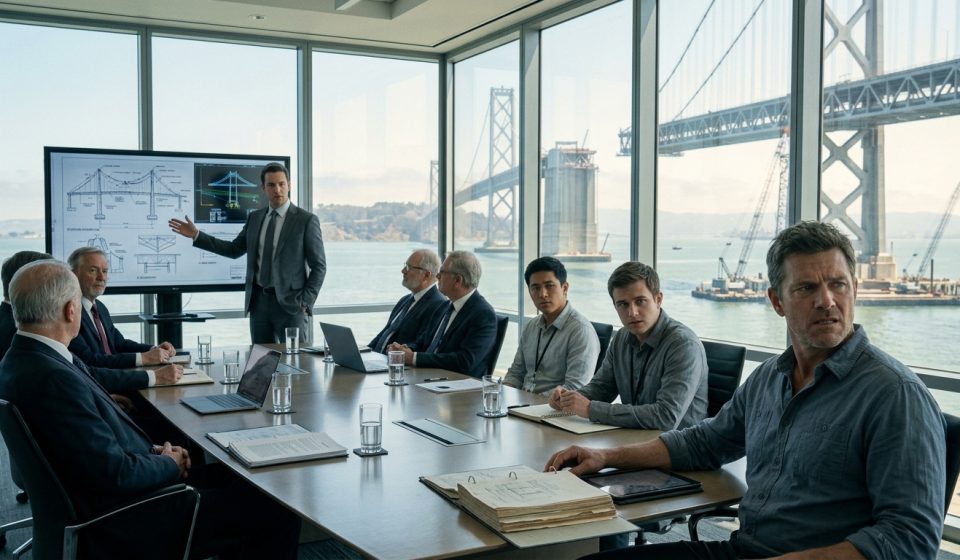 A 48-year-old structural engineer sitting with bridge design reports while a younger CEO criticizes his work during a corporate engineering meeting.