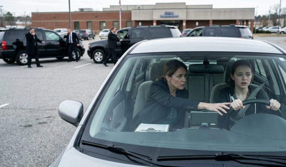 A frightened teenage girl grips the steering wheel during a driving test as her instructor reaches across to help her and black SUVs block the DMV parking lot.