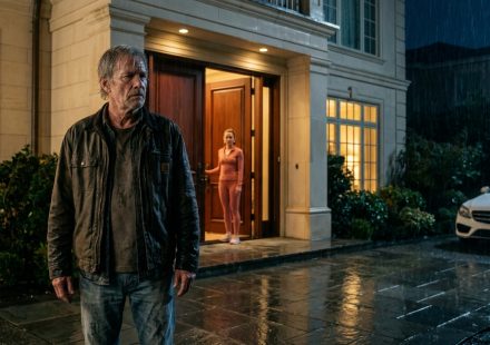 An elderly father wearing a rain-soaked jacket stands outside his wealthy daughter's luxurious Seattle home after being refused shelter.