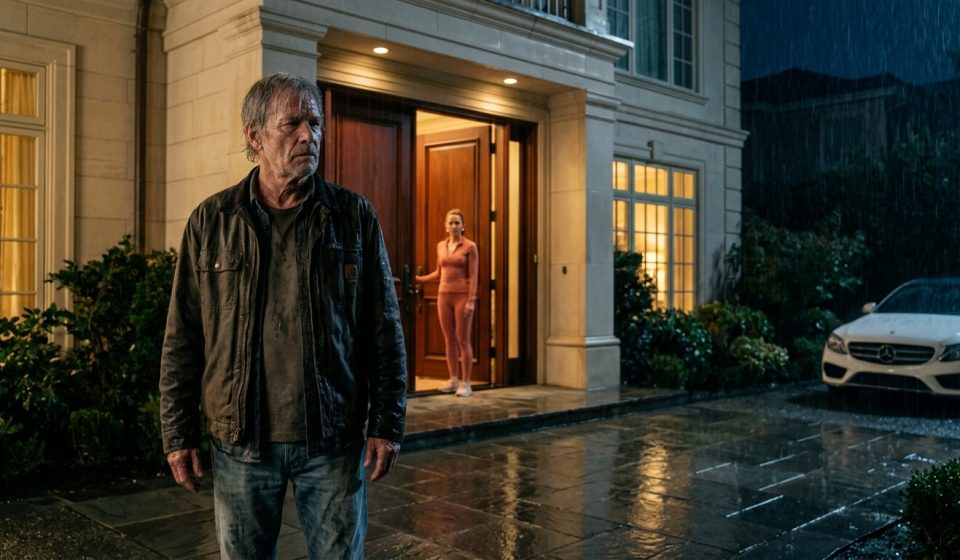 An elderly father wearing a rain-soaked jacket stands outside his wealthy daughter's luxurious Seattle home after being refused shelter.