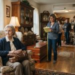 84-year-old grandmother holding her leather purse while relatives measure and label belongings inside her farmhouse