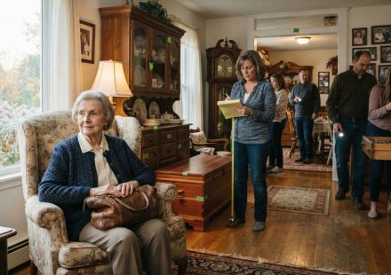 84-year-old grandmother holding her leather purse while relatives measure and label belongings inside her farmhouse