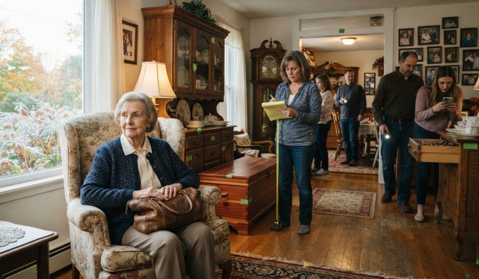 84-year-old grandmother holding her leather purse while relatives measure and label belongings inside her farmhouse