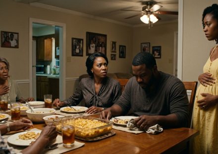 A shocked wife sits at a family dinner table as her younger sister announces her pregnancy and points toward the woman's silent husband.