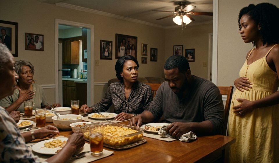 A shocked wife sits at a family dinner table as her younger sister announces her pregnancy and points toward the woman's silent husband.