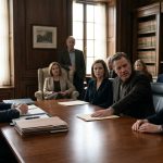 A young woman sits in a tense attorney's office meeting as her uncle presses his hand onto a legal folder during discussions about her grandparents' $31 million estate.