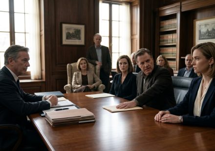 A young woman sits in a tense attorney's office meeting as her uncle presses his hand onto a legal folder during discussions about her grandparents' $31 million estate.