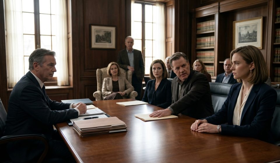 A young woman sits in a tense attorney's office meeting as her uncle presses his hand onto a legal folder during discussions about her grandparents' $31 million estate.