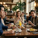 A shocked 32-year-old man sitting at an upscale restaurant brunch while his younger brother and girlfriend confidently discuss moving into his newly purchased luxury home.
